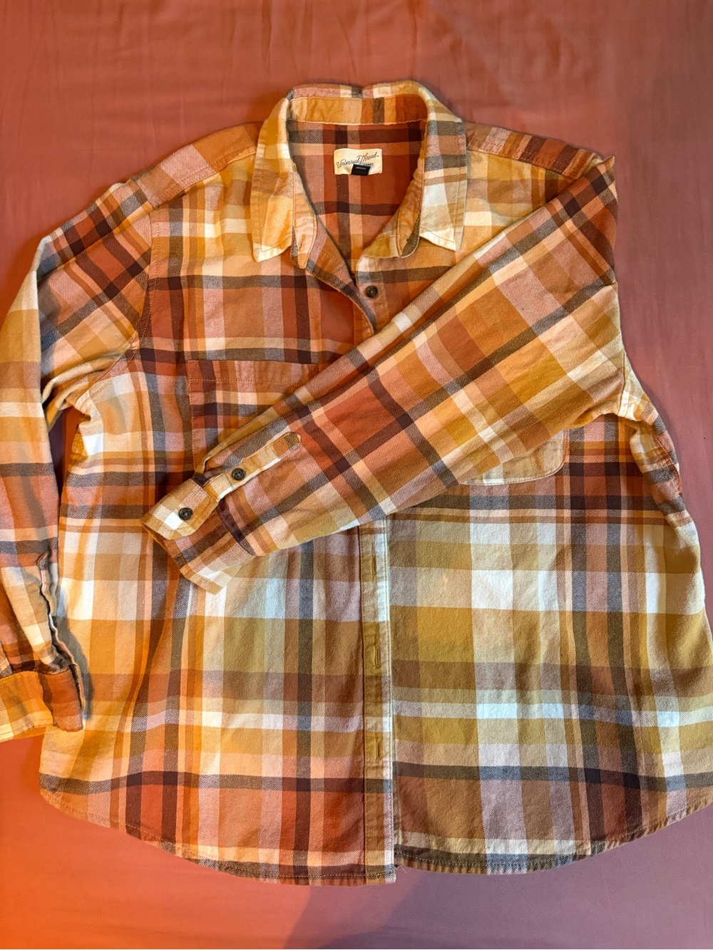 Universal Thread Orange Cream and Brown Plaid Button-Down Shirt